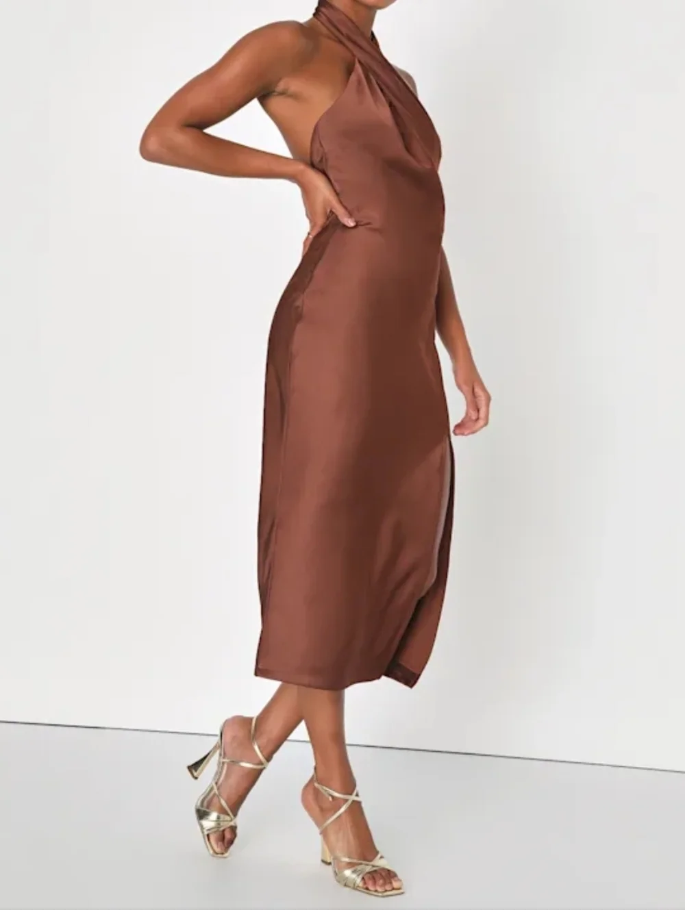 Lulus L Beyond Classy Brown Satin Halter Backless Midi Dress, Size Large - Picture 6 of 12